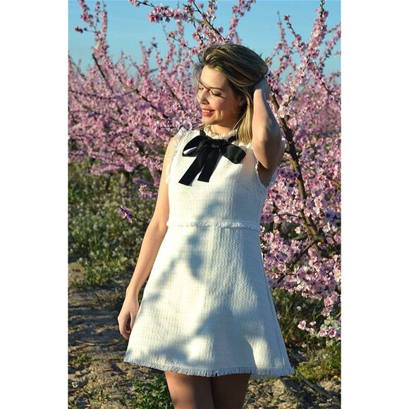 Ivory White Black Ribbon Neck Tweed Mini Sleeveless Dress Small - Picture 1 of 3